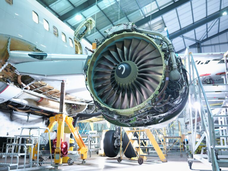 Detail of jet engine in aircraft maintenance factory
