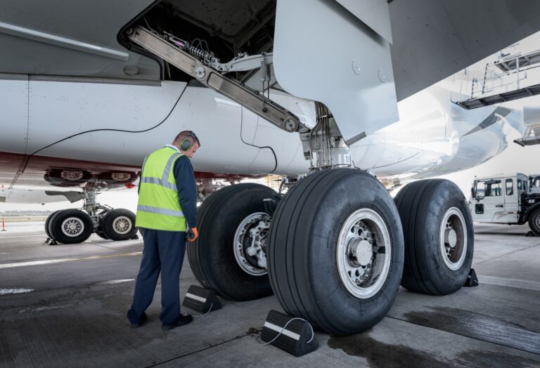 Engineer inspecting A380 aircraft at stand in airport